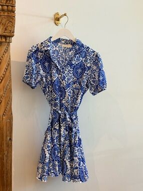Blue Floral Print Short Dress with Tie Waist